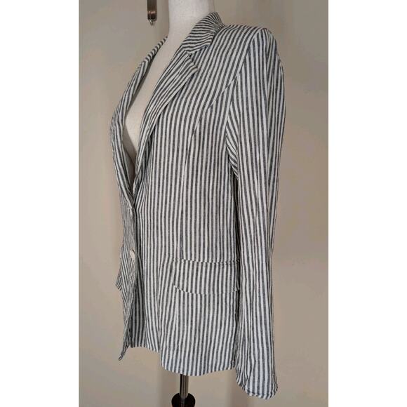 MM Couture Blue Striped Linen Blazer Jacket Womens Lightweight Button-Up Size M - Picture 2 of 9